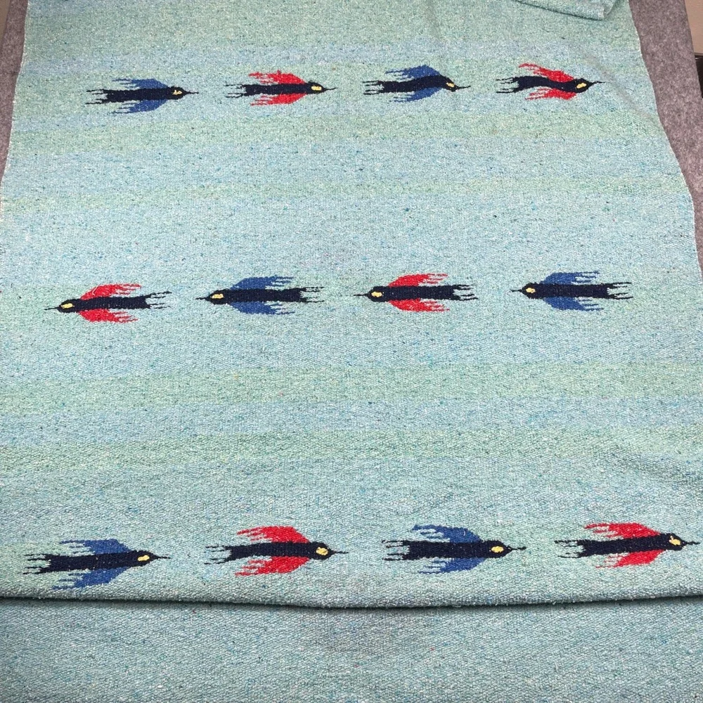 Vintage Mexican Falsa Blanket Rug Turquoise Blue Thunderbird Bird 43x72 Fringed